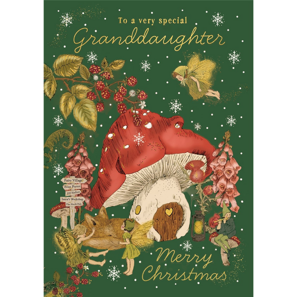 Mrs Best Paper Co. Christmas card for a special granddaughter featuring a whimsical fairy mushroom house illustration.