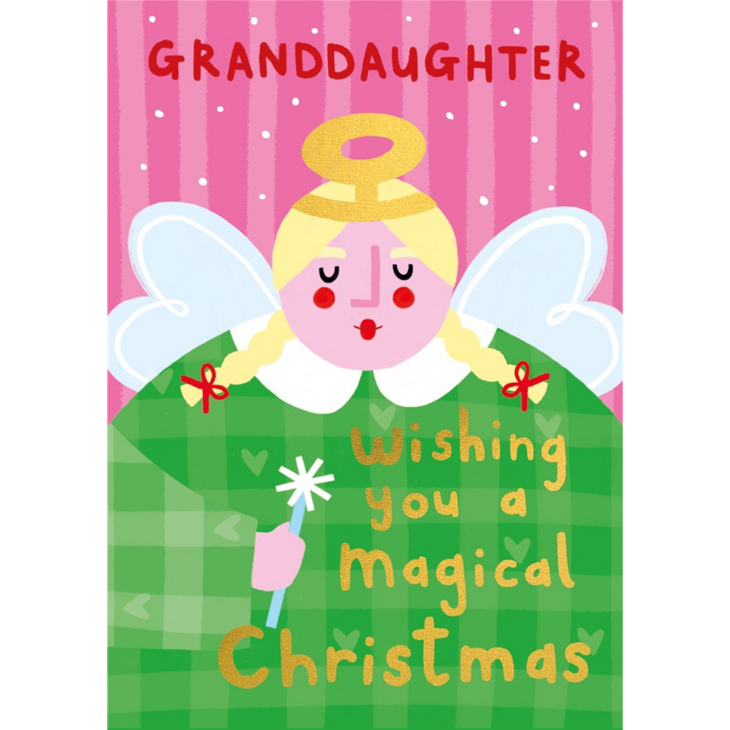 Mrs Best Paper Co. Granddaughter Christmas card featuring an angel illustration with gold foil and embossed details.