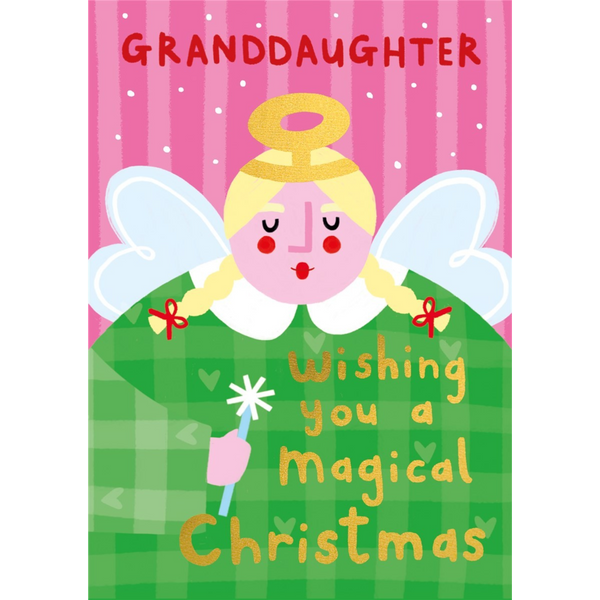 Mrs Best Paper Co. Granddaughter Christmas card featuring an angel illustration with gold foil and embossed details.