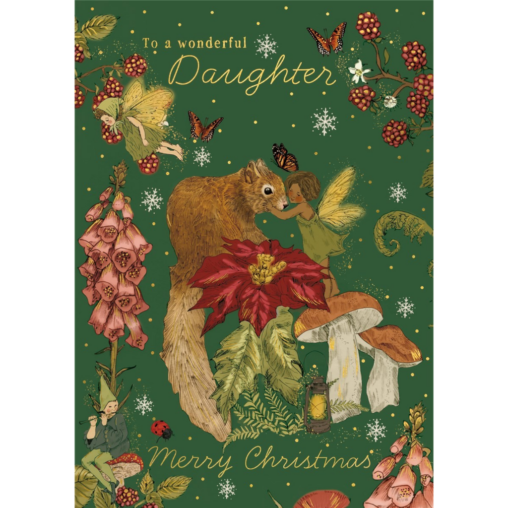 Mrs Best Paper Co. Christmas card for a daughter featuring a fairy, squirrel, and poinsettia with gold foil details.