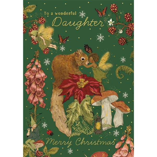 Mrs Best Paper Co. Christmas card for a daughter featuring a fairy, squirrel, and poinsettia with gold foil details.