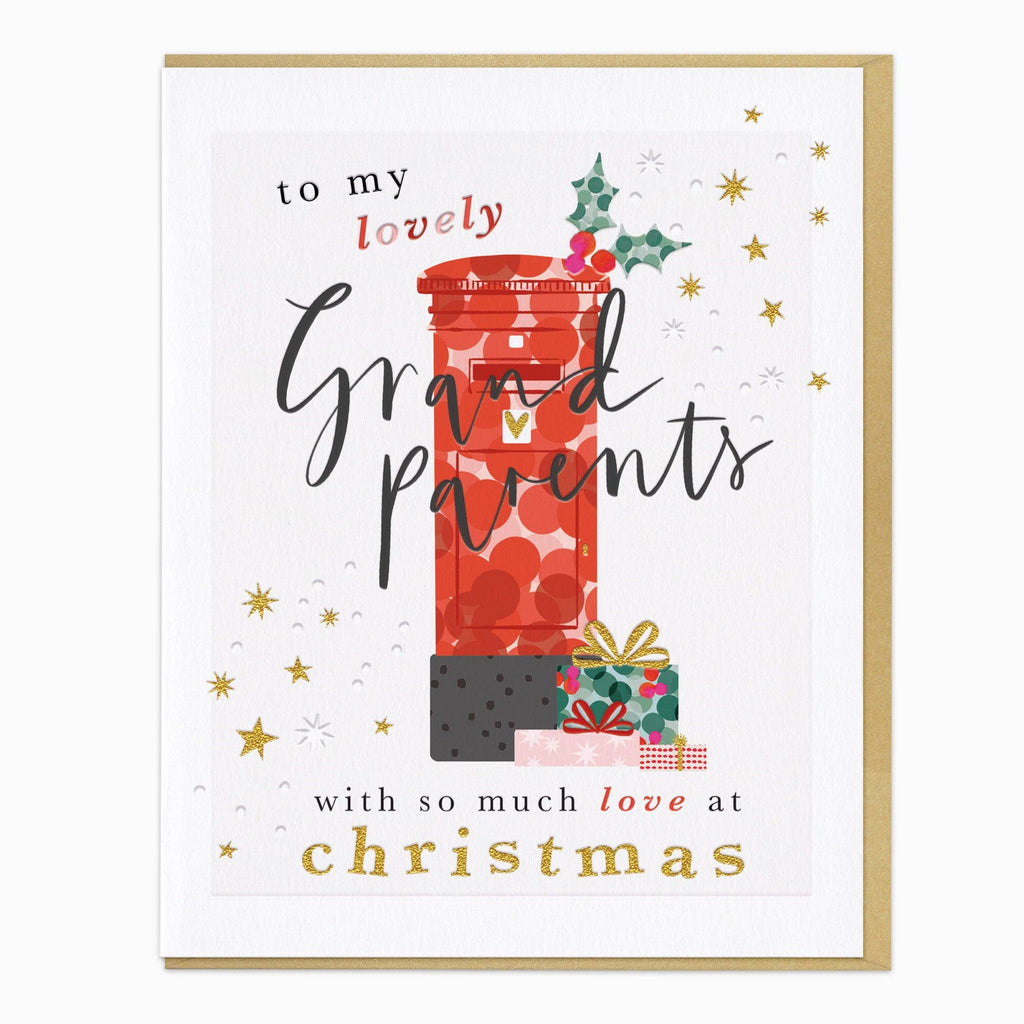 A square greeting card with a white background and a thin gold border, featuring a festive illustration of a red patterned jar filled with ornaments and a small gift box, with the text 'to my lovely Grand parents with so much love at Christmas'.