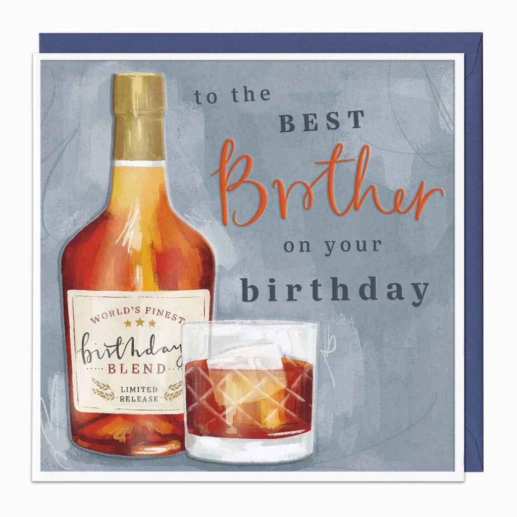 A square birthday card design featuring a bottle of amber liquor and a rocks glass with ice on a textured blue-gray background, with the text 'to the BEST Brother on your birthday'.