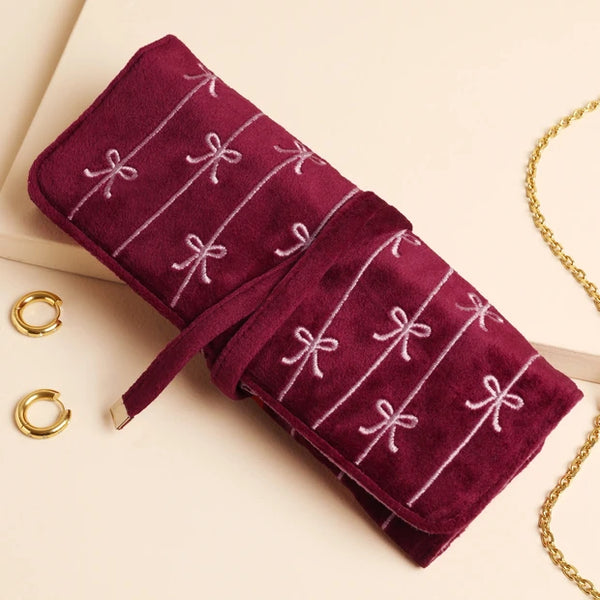 Lisa Angel Burgundy Bow Embroidered Velvet Jewellery Roll