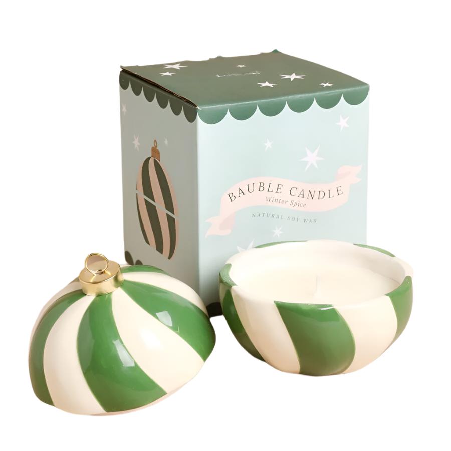 Lisa Angel Green Candy Cane Stripe Winter Spice Bauble Candle