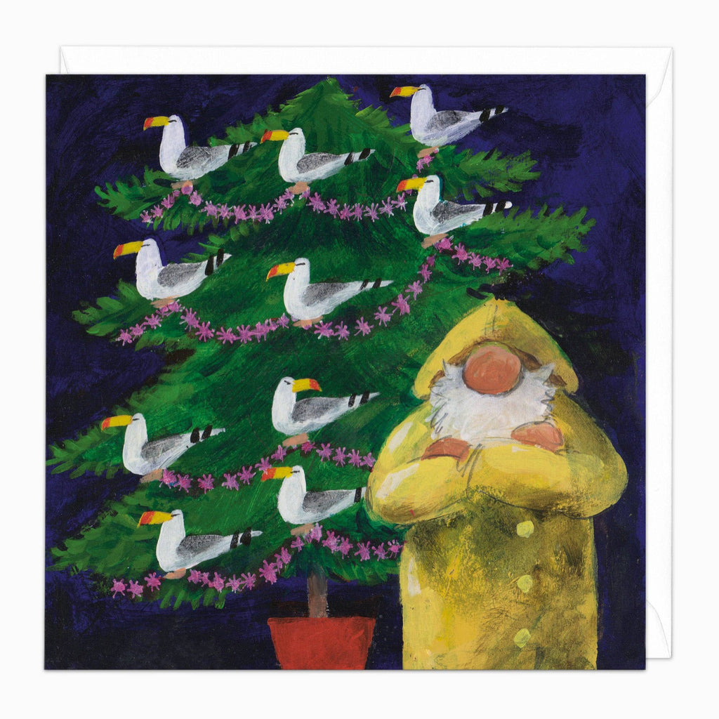 Illustration of a person in a yellow raincoat hugging a Christmas tree with birds on a dark blue background