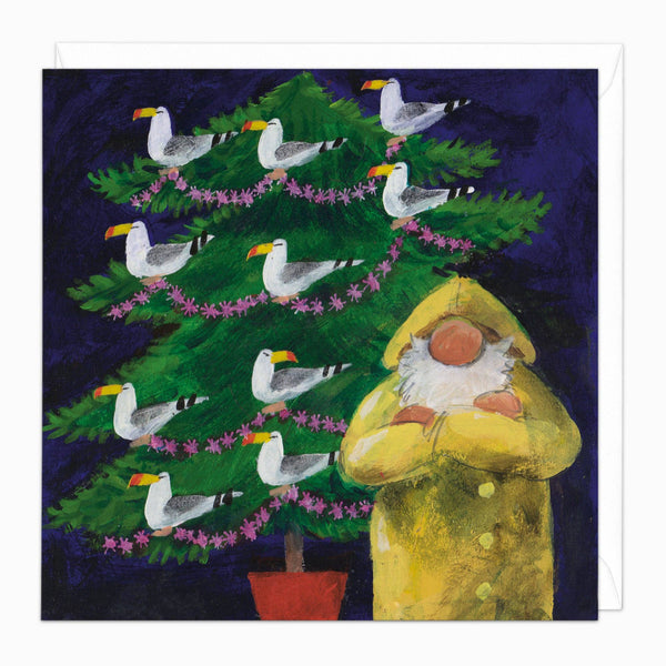 Illustration of a person in a yellow raincoat hugging a Christmas tree with birds on a dark blue background