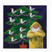 Illustration of a person in a yellow raincoat hugging a Christmas tree with birds on a dark blue background