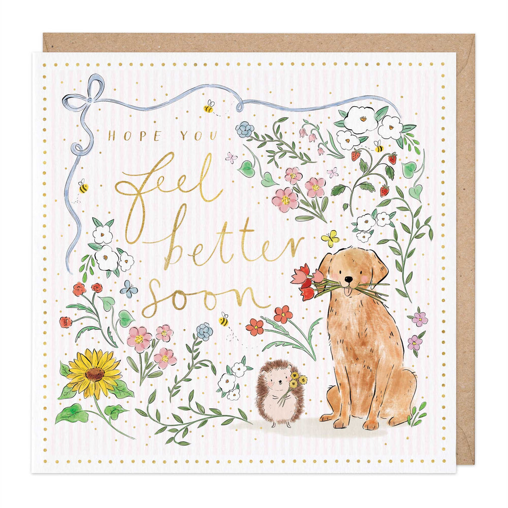 Greeting card with a dog holding flowers and text 'Hope you feel better soon' surrounded by flowers and plants.