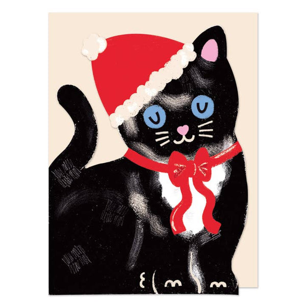 Raspberry Blossom Black and White Christmas Kitten Greetings Card