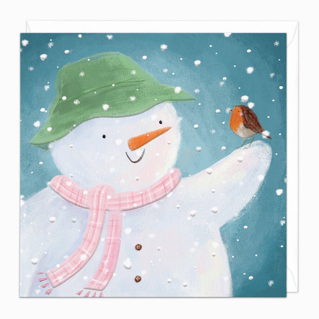 Illustration of a snowman with a green hat and pink scarf, standing in the snow with a robin on its shoulder.