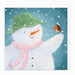 Illustration of a snowman with a green hat and pink scarf, standing in the snow with a robin on its shoulder.