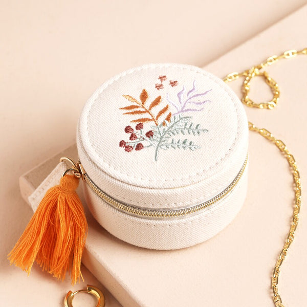 Lisa Angel Embroidered Leaves Mini Round Linen Travel Jewellery Case