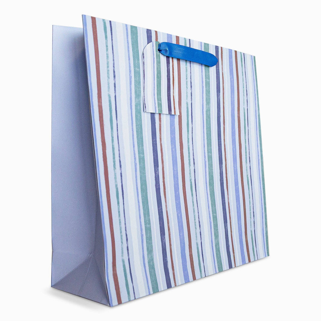 Striped gift bag with a blue handle on a white background