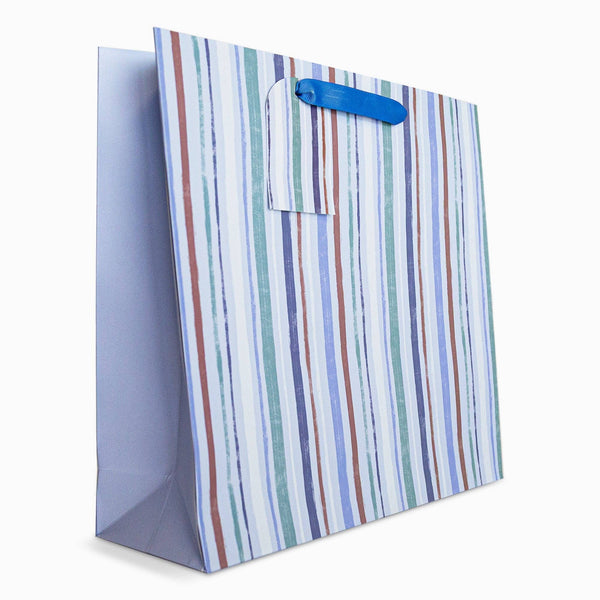 Striped gift bag with a blue handle on a white background