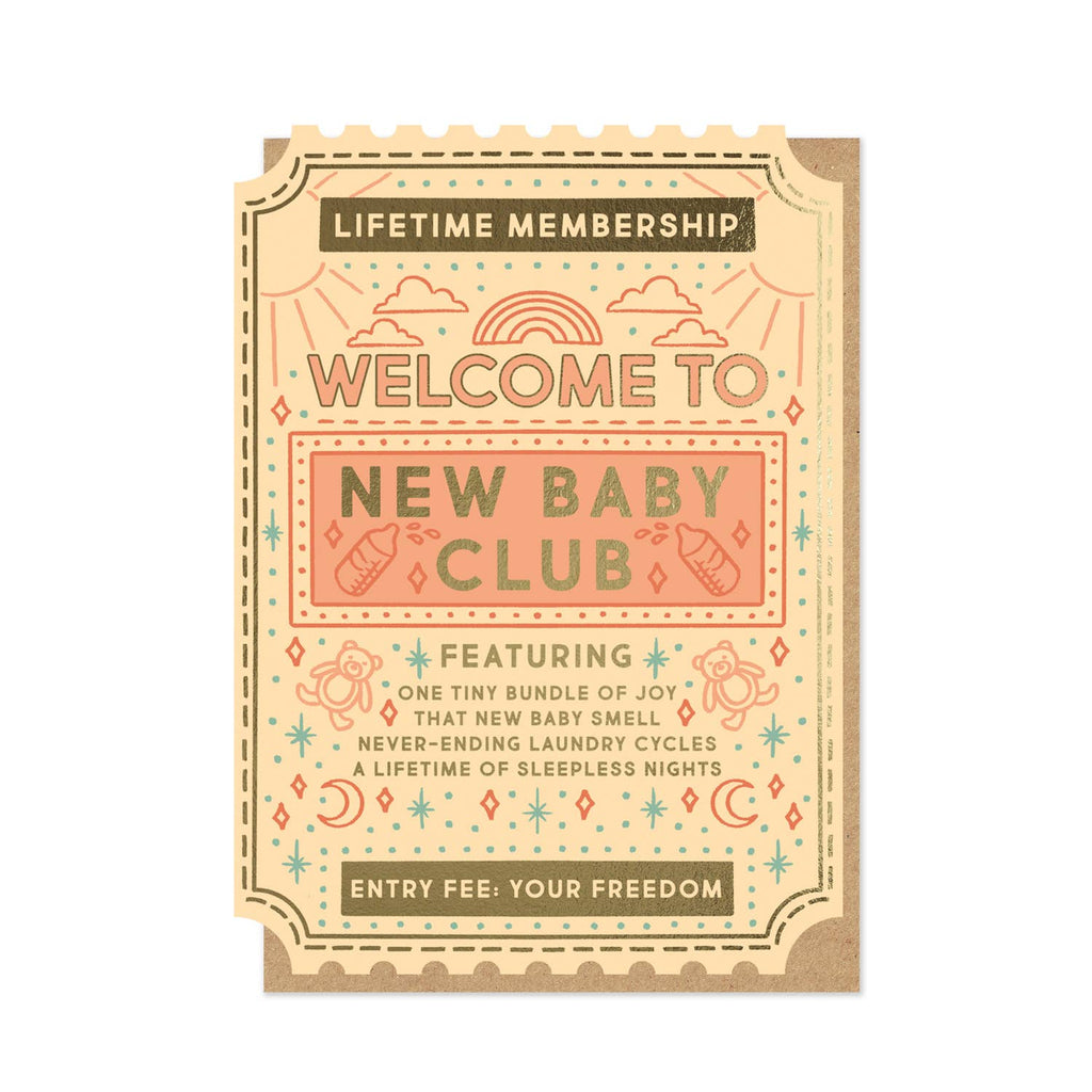 Stormy Knight New Baby Club Card, Funny Card Vintage Ticket