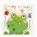 A square children's birthday card featuring a green cartoon frog wearing round glasses and a party hat, with gold 'happy birthday' text, gold polka dots, and small wrapped presents in red, pink, and blue on a white background.