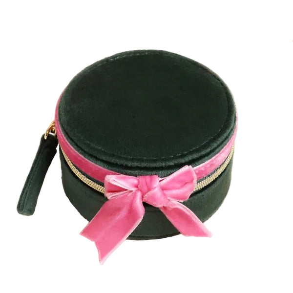 Lisa Angel Green and Pink Velvet Bow Mini Round Jewellery Case