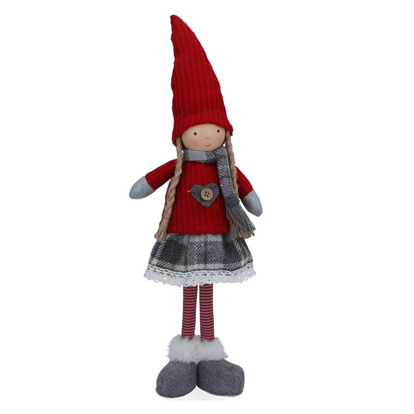 Gisela Graham Fabric Ornament - Red/Grey Nordic Girl With Knitted Hat
