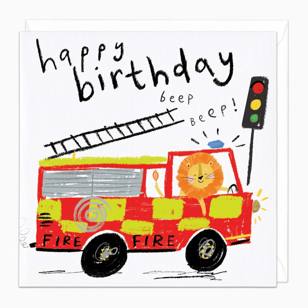 Children's birthday card with a fire truck and lion driver, featuring the text 'happy birthday beep beep!'.