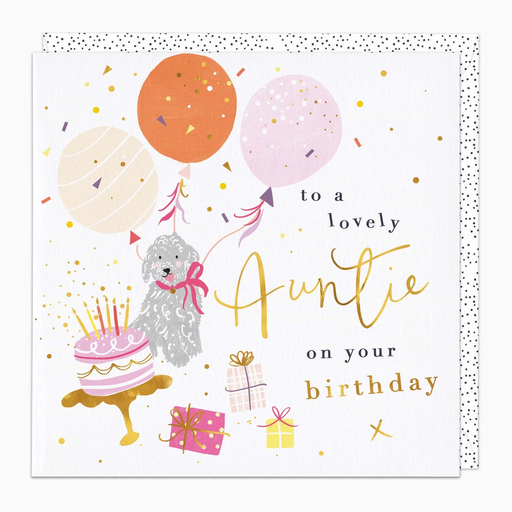 Birthday card for a lovely Auntie with balloons, dog, cake, and presents on a white background.