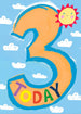 Mrs Best Paper Co. age 3 birthday card with a large orange number 3, smiling sun, and clouds on a blue background.