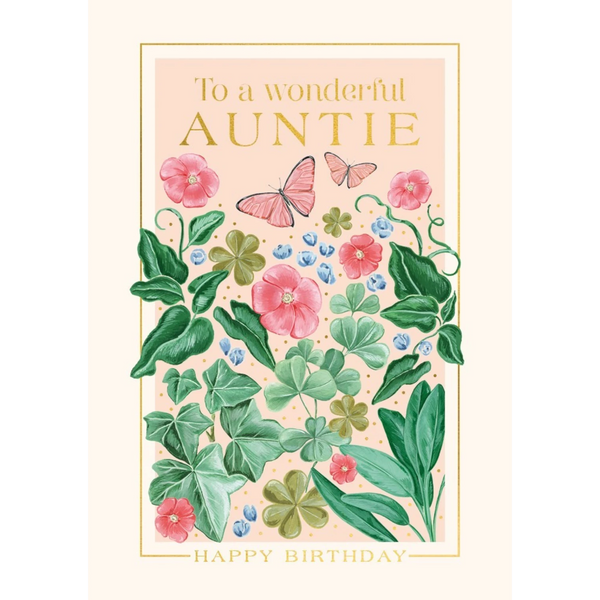 Mrs Best Paper Co. Auntie birthday card with pink floral design, butterflies, and gold foil typography on textured card