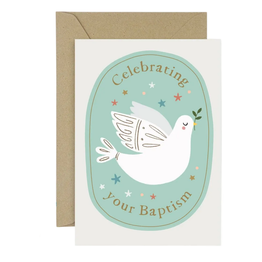 Mrs Best Paper Co. Mifkins baptism card featuring a white dove on a mint green oval with a recycled kraft envelope.