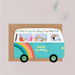 Mrs Best Paper Co. camper van shaped birthday card featuring illustrated dogs with gold foil accents and kraft envelope