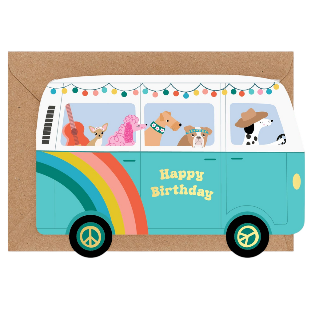 Mrs Best Paper Co. camper van shaped birthday card featuring hippie dogs, rainbow, and gold foil accents.