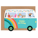 Mrs Best Paper Co. camper van shaped birthday card featuring hippie dogs, rainbow, and gold foil accents.