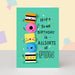 Mrs Best Paper Co. birthday card featuring whimsical candy illustrations on a teal background with confetti accents.