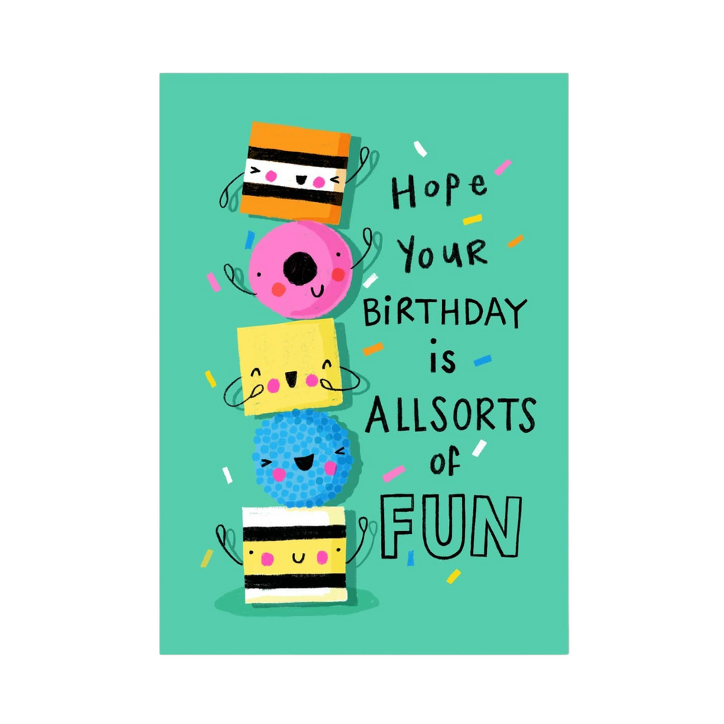 Mrs Best Paper Co. birthday card featuring cute, colourful candy illustrations on a teal background.
