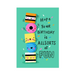 Mrs Best Paper Co. birthday card featuring cute, colourful candy illustrations on a teal background.