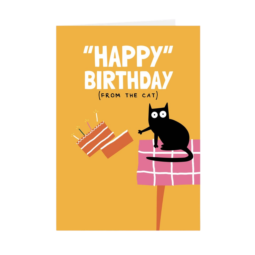 Mrs Best Paper Co. funny birthday card featuring a black cat knocking a cake off a table on a yellow background.