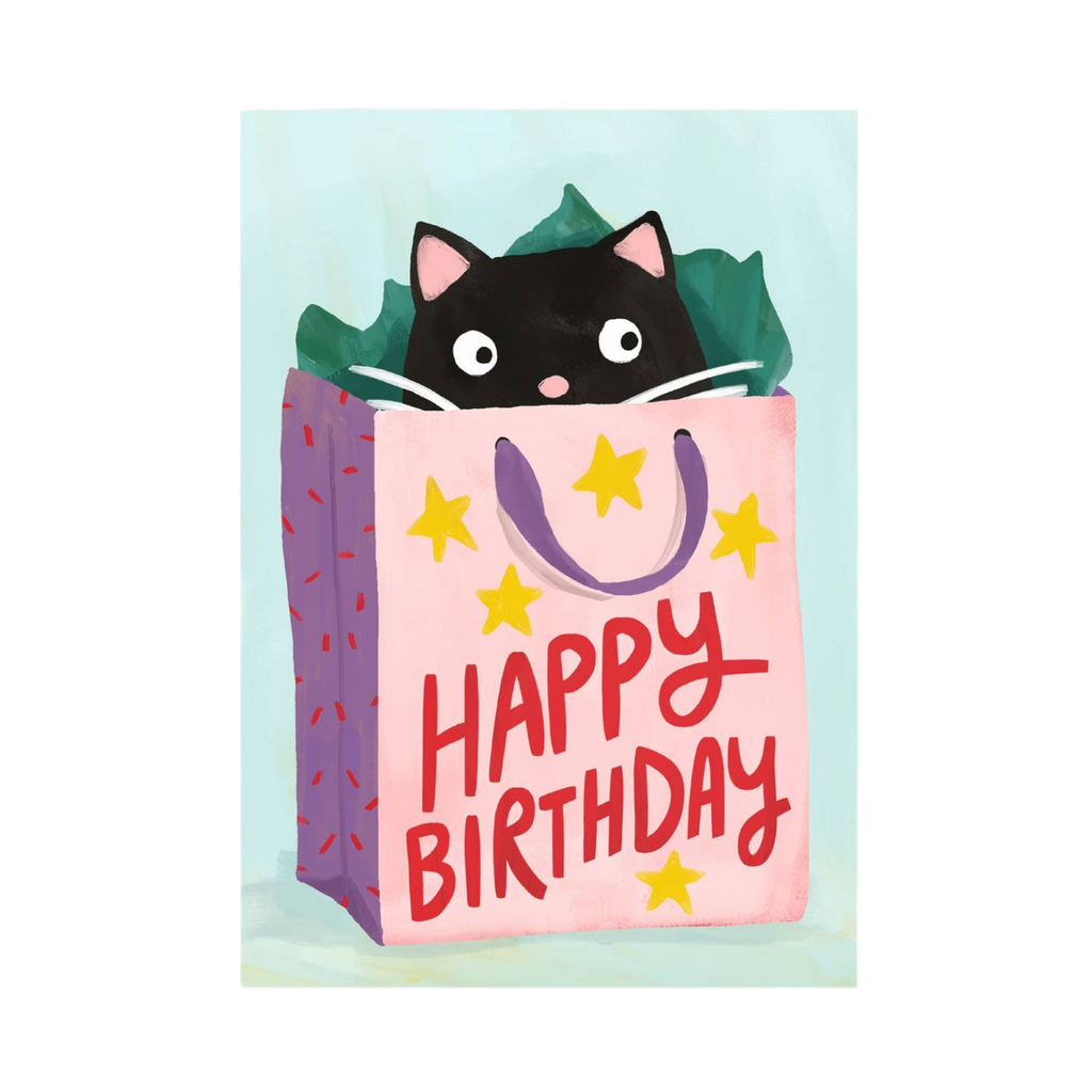 Mrs Best Paper Co. birthday card featuring a cute black cat peeking out of a pink gift bag with yellow stars