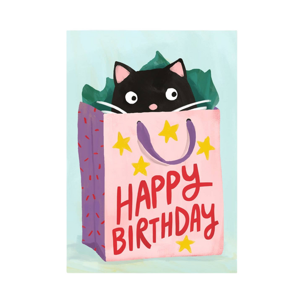 Mrs Best Paper Co. birthday card featuring a cute black cat peeking out of a pink gift bag with yellow stars