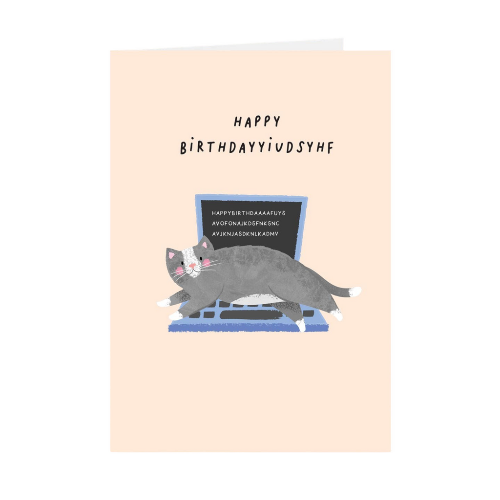 Mrs Best Paper Co. funny birthday card featuring a grey cat lying on a laptop keyboard on a soft peach background.