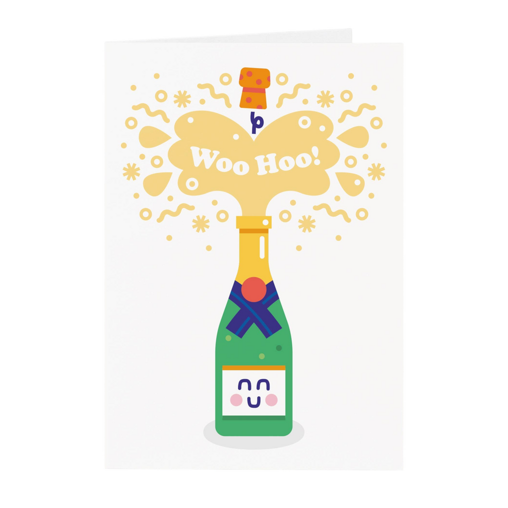 A greeting card featuring a colorful cartoon illustration of a green champagne bottle popping open with yellow bubbles and the text 'Woo Hoo!' on a white card background.