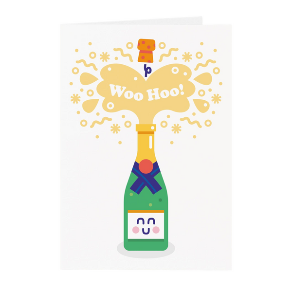 A greeting card featuring a colorful cartoon illustration of a green champagne bottle popping open with yellow bubbles and the text 'Woo Hoo!' on a white card background.