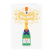 A greeting card featuring a colorful cartoon illustration of a green champagne bottle popping open with yellow bubbles and the text 'Woo Hoo!' on a white card background.
