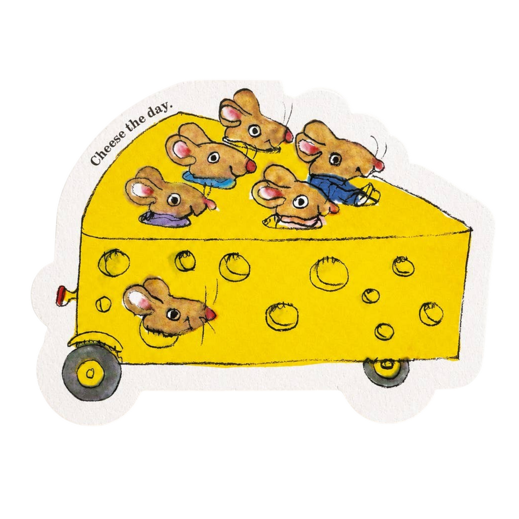 Mrs Best Paper Co. die-cut birthday card featuring Richard Scarry's yellow cheese car with cute mice and a pun.