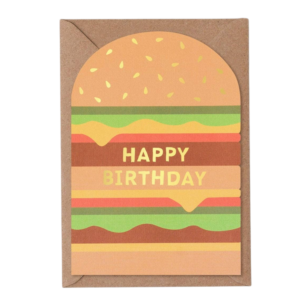 Mrs Best Paper Co. cheeseburger shaped birthday card with gold foil Happy Birthday text on a recycled kraft envelope.