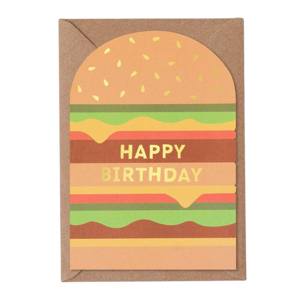 Mrs Best Paper Co. cheeseburger shaped birthday card with gold foil Happy Birthday text on a recycled kraft envelope.