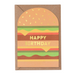 Mrs Best Paper Co. cheeseburger shaped birthday card with gold foil Happy Birthday text on a recycled kraft envelope.