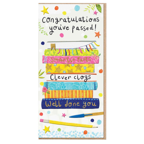 Mrs Best Paper Co. Congrats You’ve Passed card featuring a colourful stack of books with gold foil details.