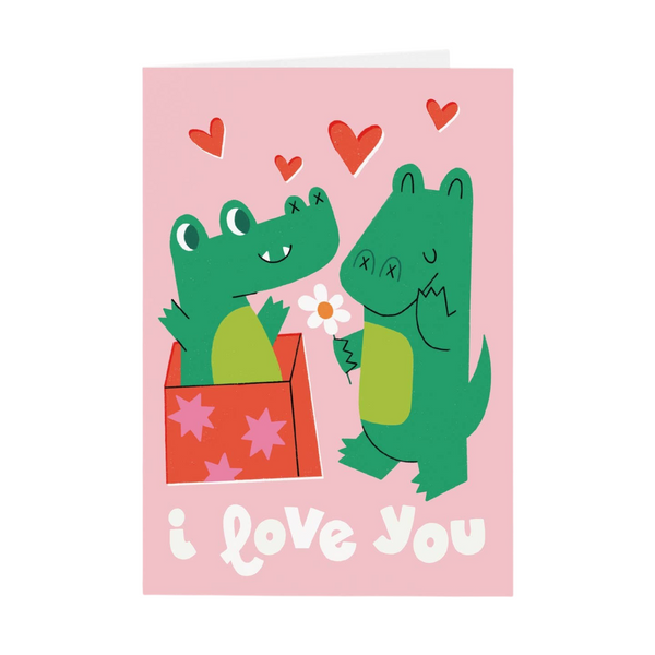 Mrs Best Paper Co. Valentine card featuring two green crocodiles in love with hearts and I Love You text on pink