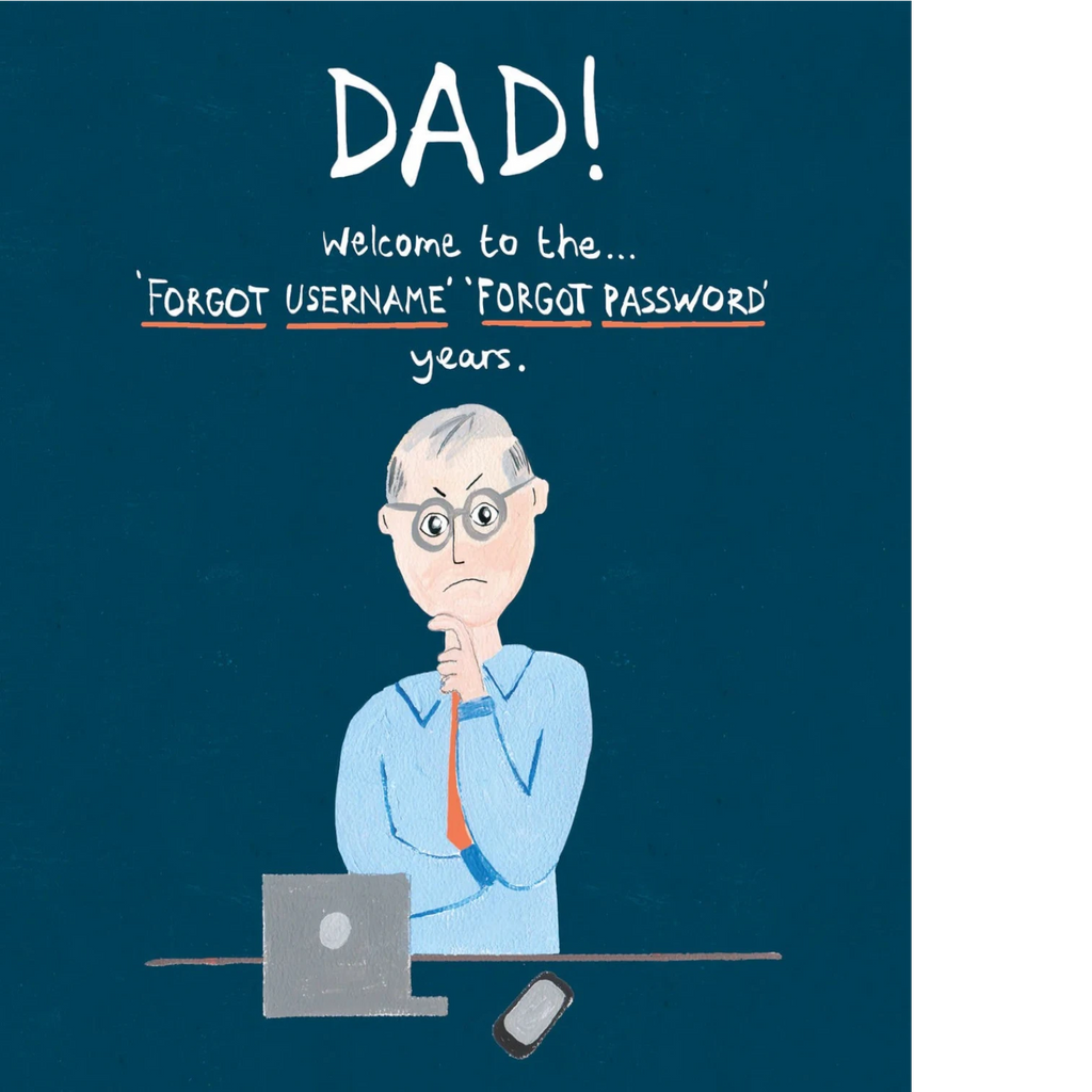 Mrs Best Paper Co. humorous birthday card for Dad featuring an illustration of a man struggling with a laptop