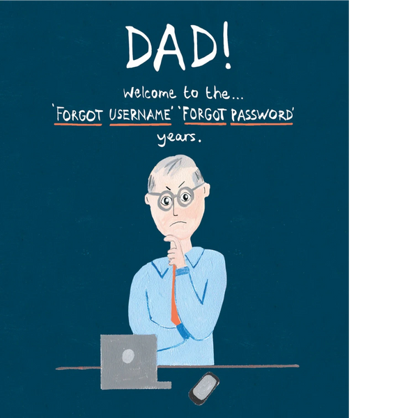Mrs Best Paper Co. humorous birthday card for Dad featuring an illustration of a man struggling with a laptop