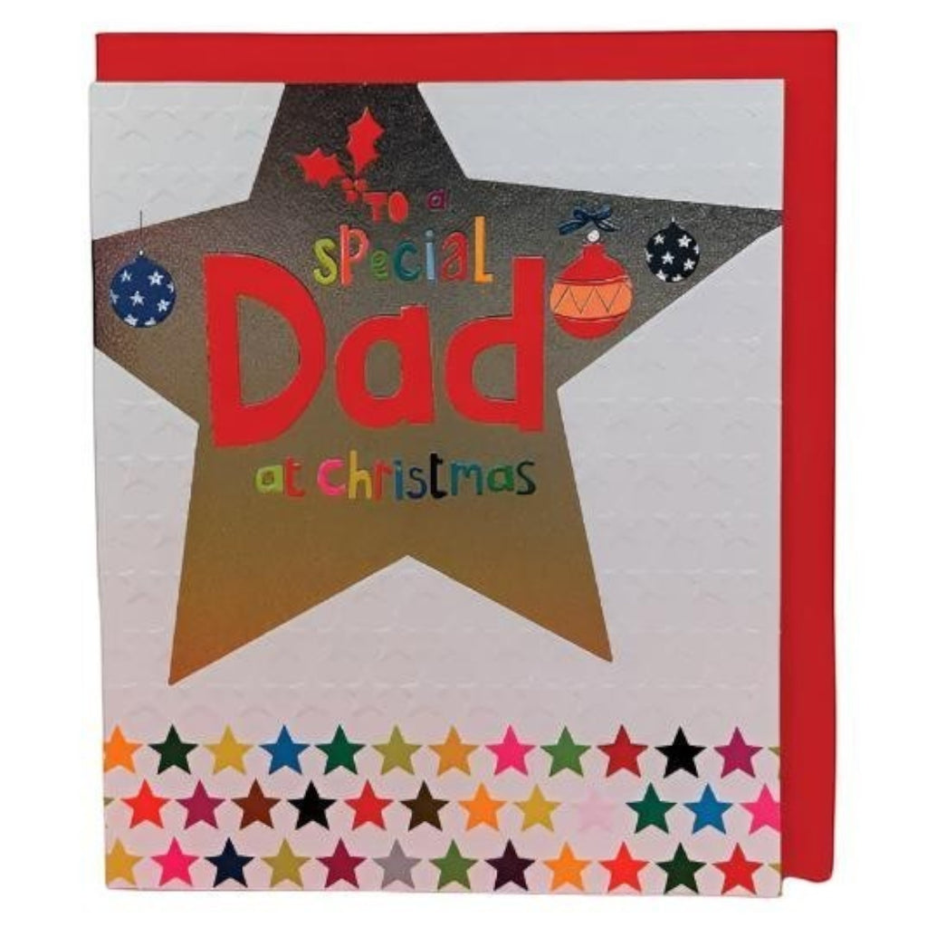 Mrs Best Paper Co. Christmas card for Dad featuring a large gold star, festive baubles, and colorful star border.